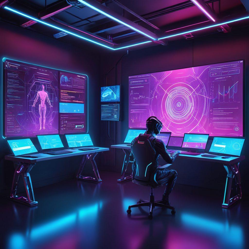 A futuristic web development workspace featuring a holographic interface displaying real-time predictive analytics, with AI-powered code suggestions flowing like a digital river across the screen. Sleek robotic arms assist a focused developer in a high-tech environment. The setting is illuminated by a soft neon glow that emphasizes the harmony between human and machine intelligence. super-realistic. vibrant colors. cyberpunk.