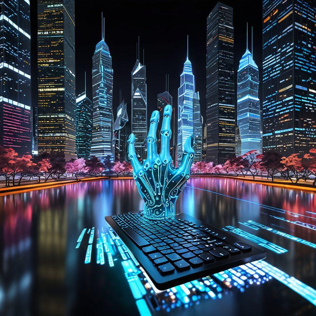 A futuristic digital landscape featuring sleek, intelligent AIs collaborating alongside human web developers. The background showcases a cityscape dominated by towering servers and holographic code projections. Add animated elements like robotic hands typing code on floating keyboards and smart algorithms visualized as swirling data streams. The design should exude innovation and cutting-edge technology. super-realistic. vibrant colors. 3D.