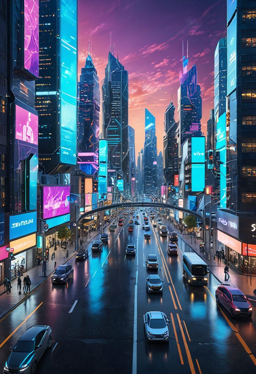 A dynamic futuristic cityscape with robots and AI-driven devices seamlessly interacting with the digital infrastructure, symbolizing intelligent automation. High-tech holograms and sleek interfaces dominate the scenery, showcasing a digitally transformed world. super-realistic. vibrant colors. 3D.